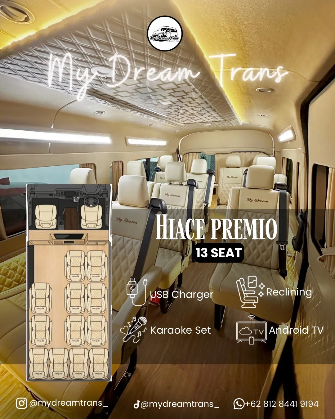 Ringkasan fasilitas dan konfigurasi 13 seat Hiace Premio