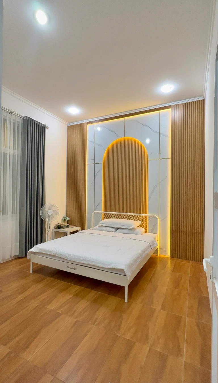 Kamar tidur terbaru My Dream Villa dengan panel kayu dan pencahayaan hangat